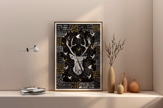 Stag art print, motivational quote typography, motivational quote poster, black and gold typography wall art poster