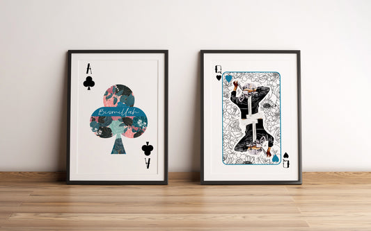 Set of 2 playing cards hijabi art prints, set of 2 abstract playing cards islamic art prints, blue
