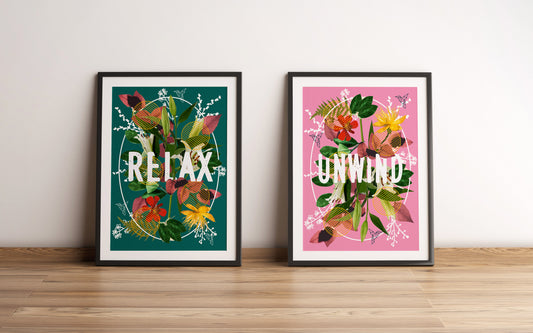 Relax unwind set of 2 colourful floral art prints, set of 2 floral posters, set of botanical prints