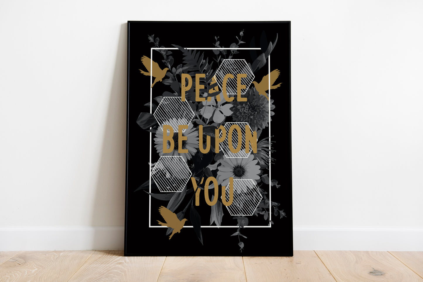 Black and gold Islamic art print, black floral Islamic poster, black floral Muslim typography