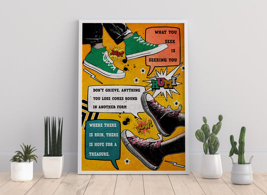 Pop art comic book style motivational typography, Rumi typography, abstract style art print, uplifting typography