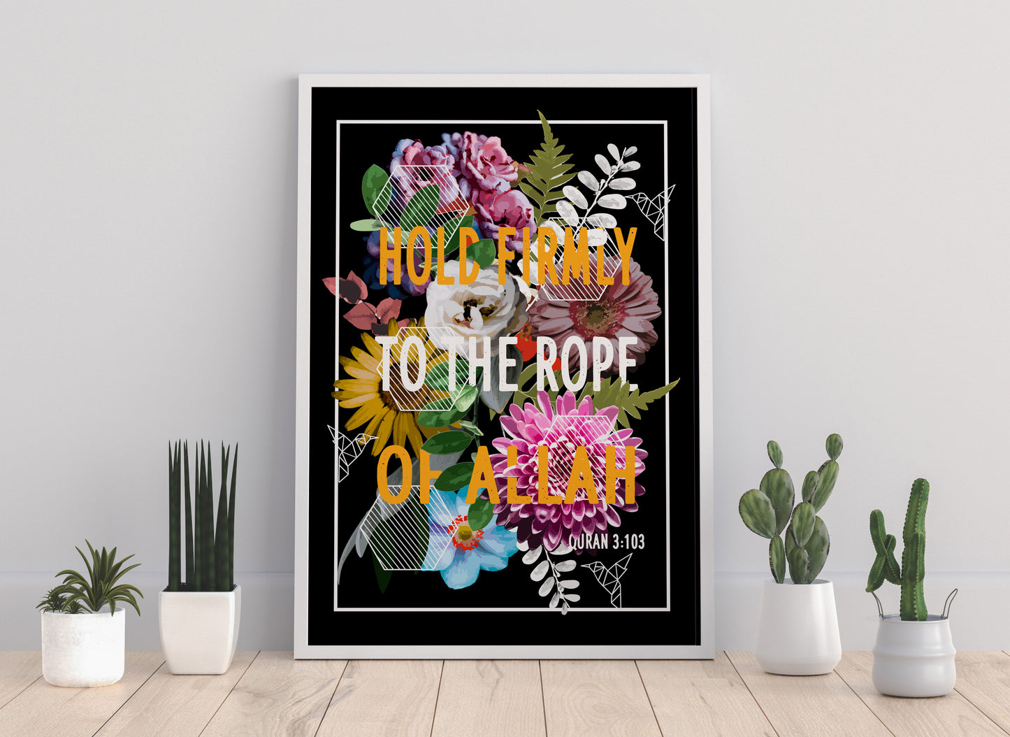 Black floral Islamic typography, floral Islamic art print, luxury floral Islamic home décor
