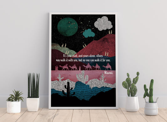 Abstract mountain landscape typography, Rumi typography, contemporary Islamic art print, landscape art print