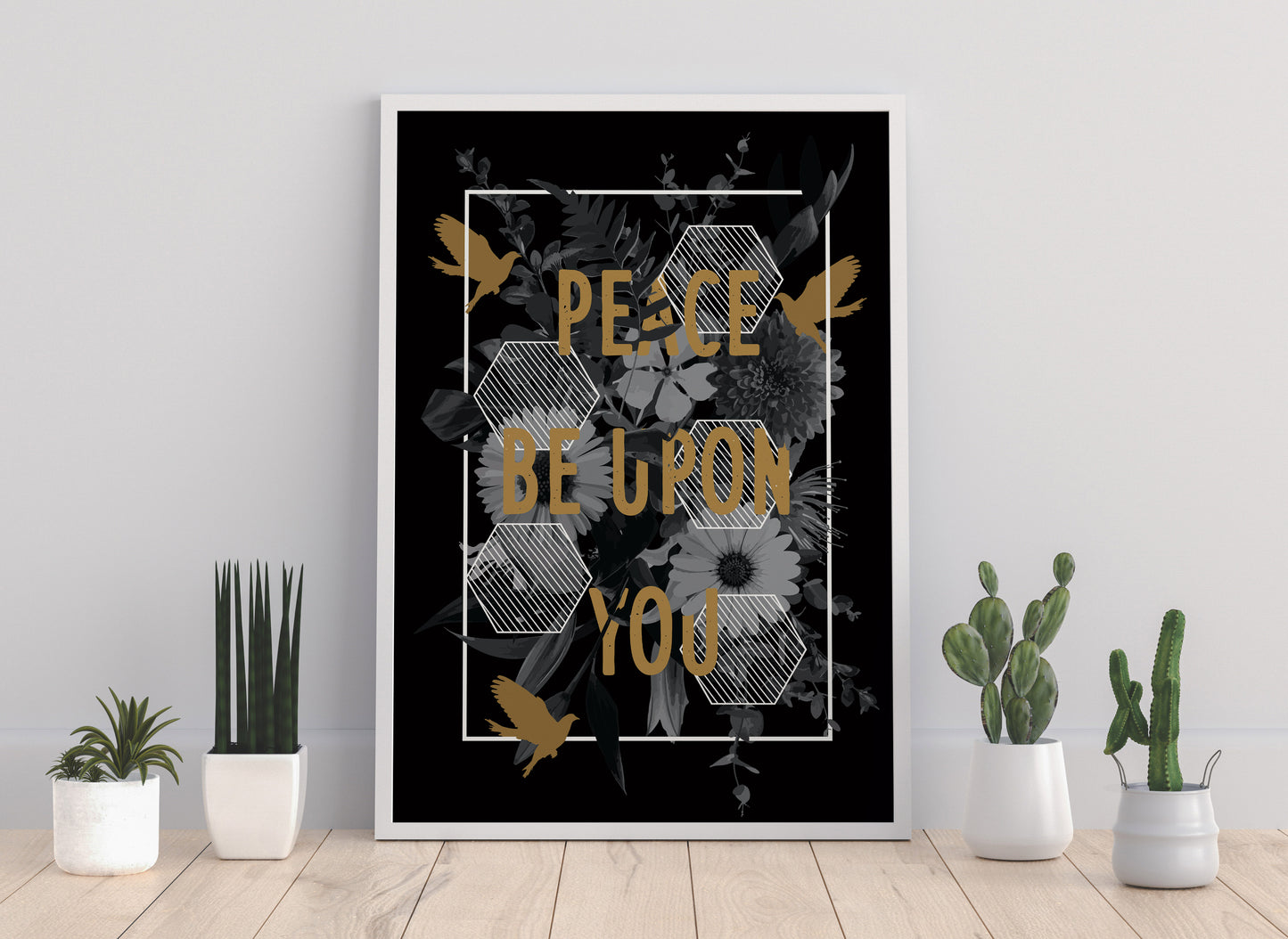 Black and gold Islamic art print, black floral Islamic poster, black floral Muslim typography
