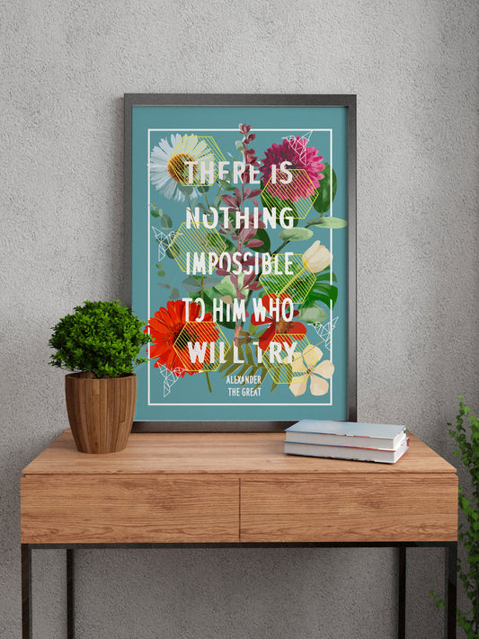 Motivational blue floral typography, contemporary art print, floral poster print, classic quote typography poster
