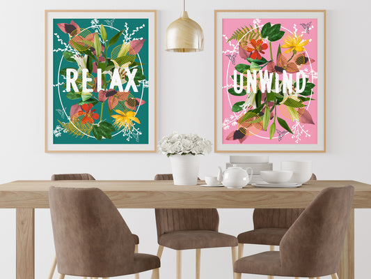 Relax unwind set of 2 colourful floral art prints, set of 2 floral posters, set of botanical prints