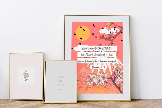 Pink floral  mount fuji Quran art print, Japanese landscape cherry blossom islamic typography