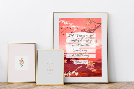 Pink floral Quran art print, Japanese landscape cherry blossom islamic typography