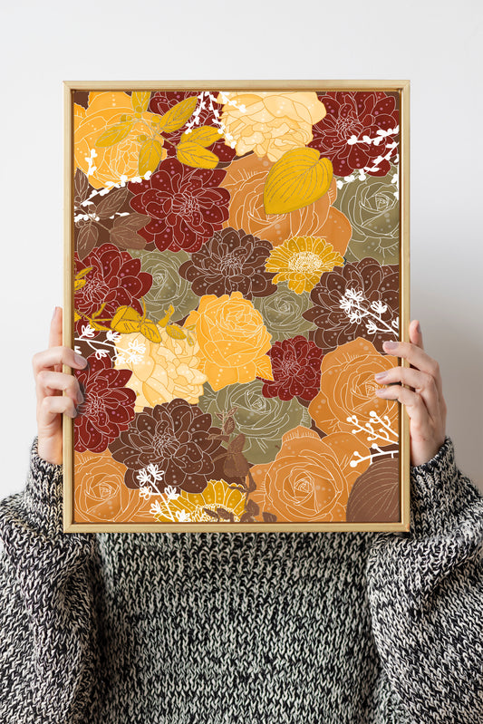 Floral art print brown, multicoloured floral print, floral digital illustration