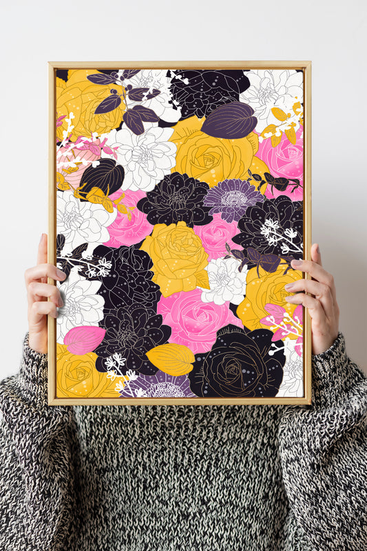 Abstract Floral art print brown, multicoloured floral print, floral digital illustration