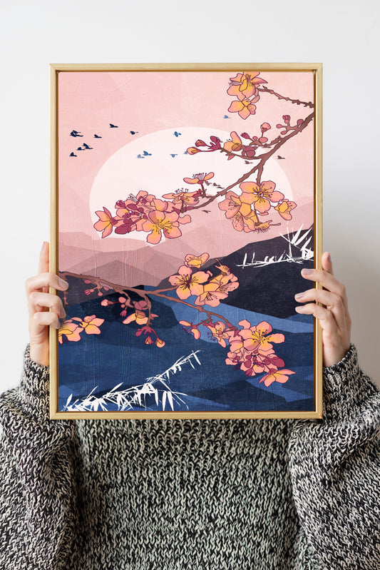 Japanese style pink and blue cherry blossom art print, floral abstract landscape art print, sakura poster