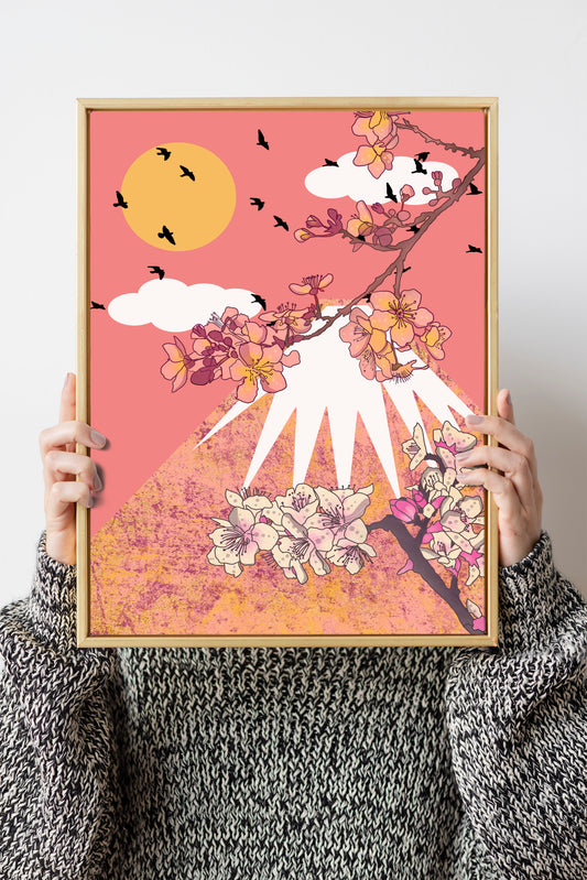 Mount Fuji pink Japanese style cherry blossom art print, floral abstract landscape art print, sakura poster