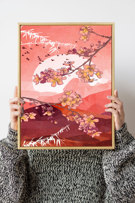 Japanese style pink cherry blossom art print, floral abstract landscape art print, sakura poster