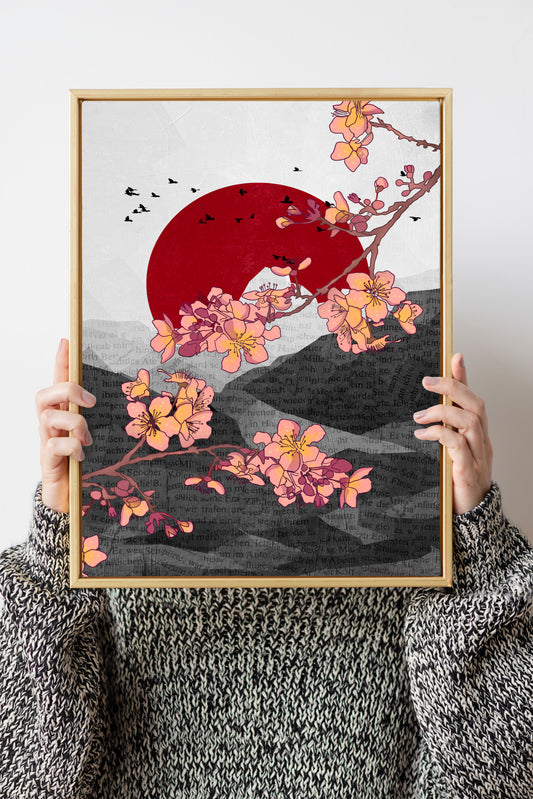 Winter Japanese style cherry blossom art print, floral abstract landscape art print, sakura poster