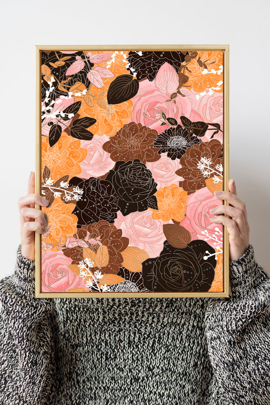 Floral digital illustration art print, pink black orange multicoloured print