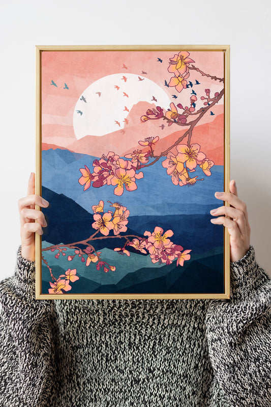 Japanese style cherry blossom art print, floral abstract landscape art print, sakura poster