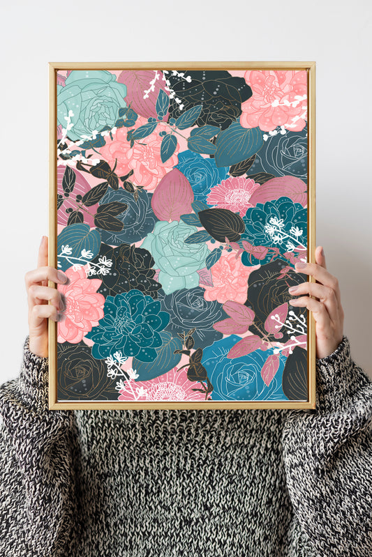 Floral art print turquoise, multicoloured floral print, floral digital illustration