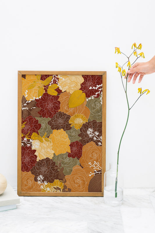 Floral art print brown, multicoloured floral print, floral digital illustration