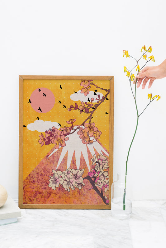 Mount Fuji yellow Japanese style cherry blossom art print, floral abstract landscape art print, sakura poster