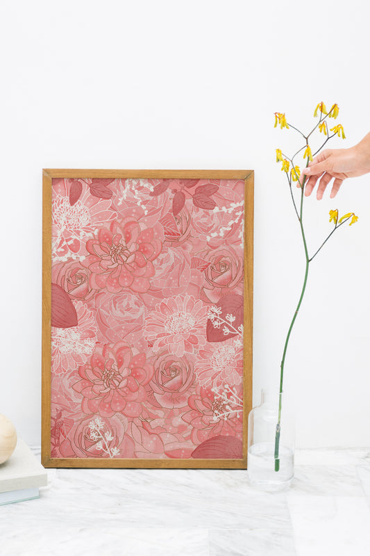 Peach Floral art print,  floral digital illustration, pink digital illustration poster