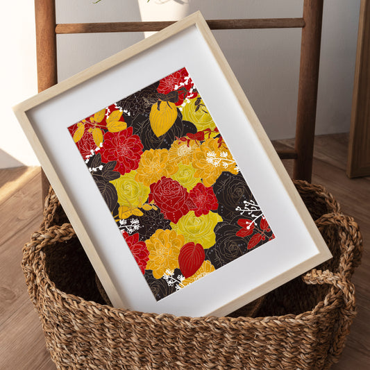 Floral art print black red and yellow, multicoloured floral print,
