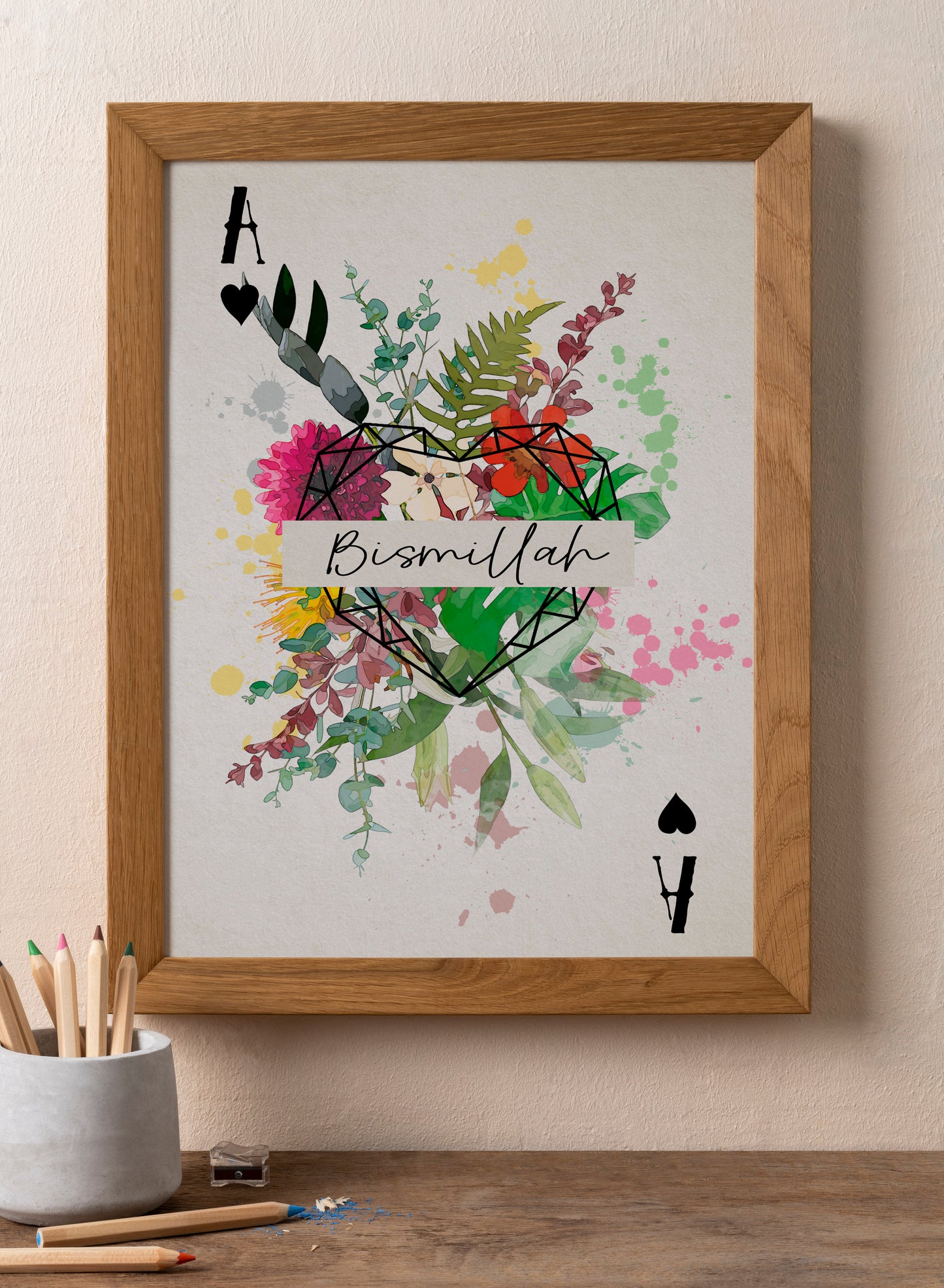 playing card abstract floral art print, watercolour art print, watercolour splash bimillah floral