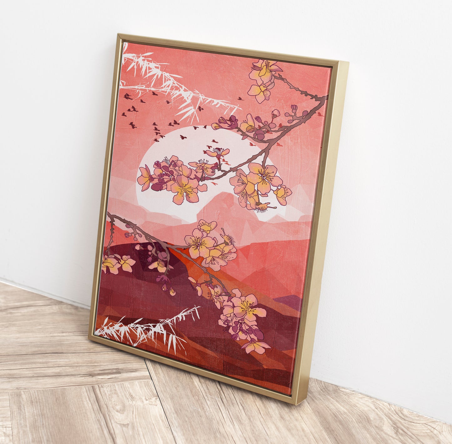Japanese style pink cherry blossom art print, floral abstract landscape art print, sakura poster