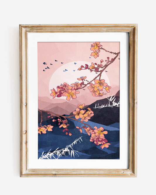 Japanese style pink and blue cherry blossom art print, floral abstract landscape art print, sakura poster