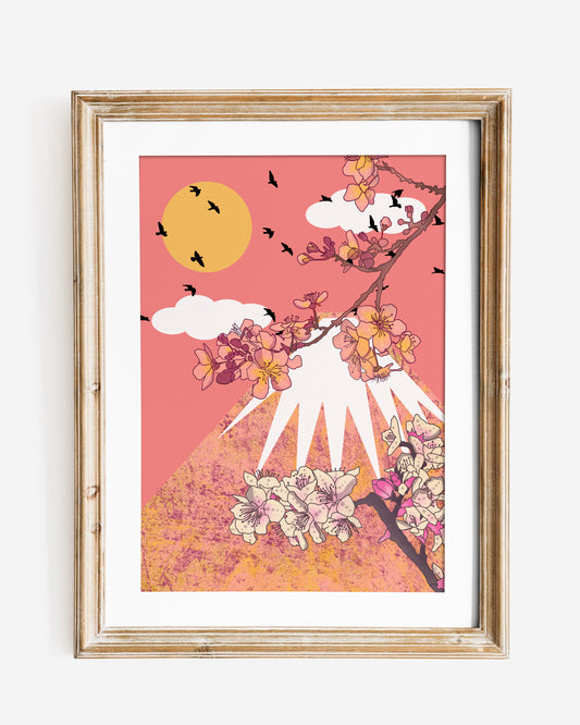 Mount Fuji pink Japanese style cherry blossom art print, floral abstract landscape art print, sakura poster